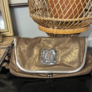 GUESS Vintage Genuine Retro Handbag Envelope Clutch Monogram Brown